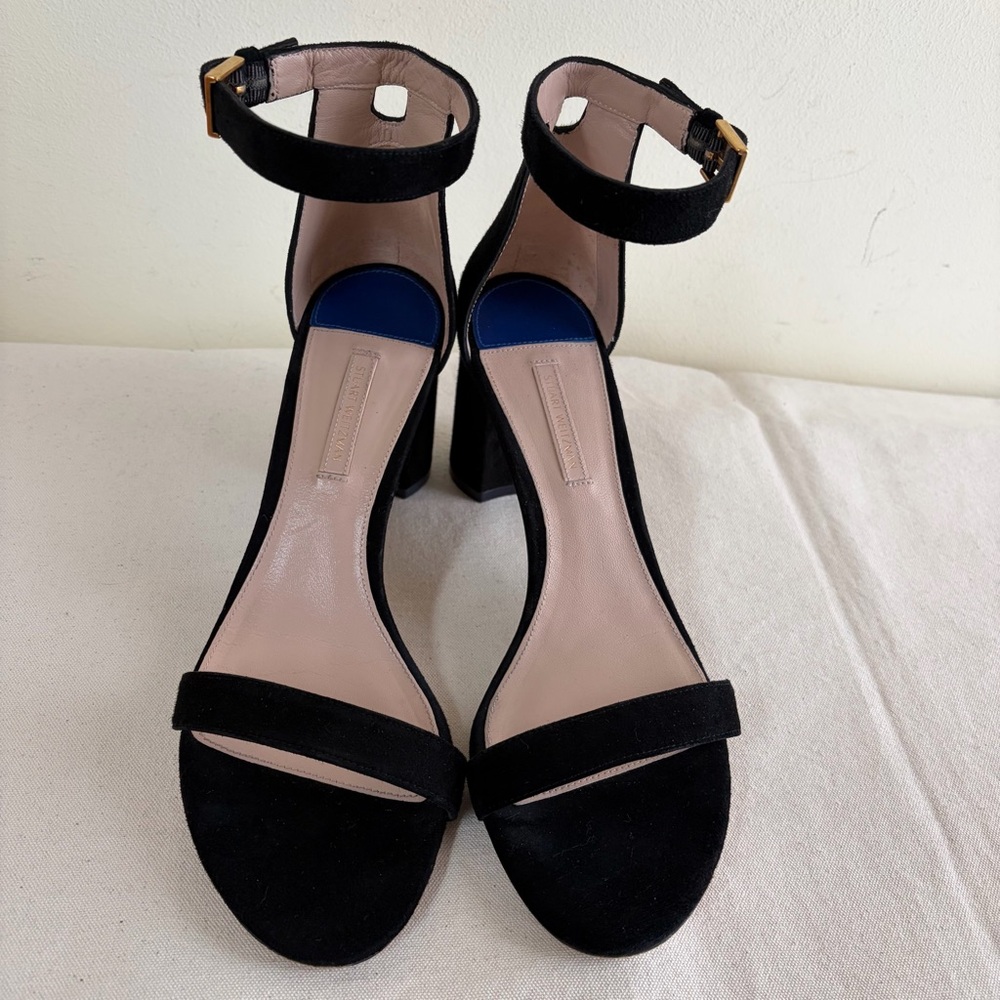 Stuart Weitzman sandals sz 8 Black Suede Ankle-Strap Block Heels - Picture 2 of 11